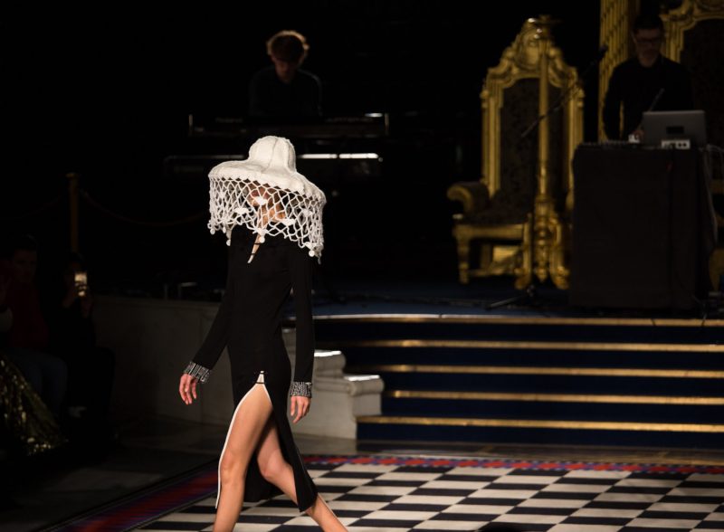 A still from the Apu Jan FW18 show at London Fashion Week in the grand temple of freemason's Hall